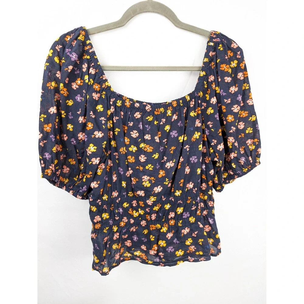 Ditsy Floral Smocked Puff Sleeve Peasant Top Sz M Navy Cottagecore Prairie Boho